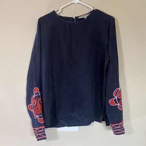 Valentine Gauthier Size 3 Long Sleeve Navy Red Blouse 100% Silk‎